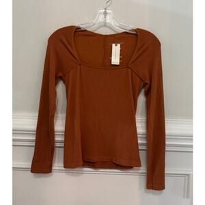 Anthropologie Ribbed Shirt Long Sleeve Square Neck Small Rust Burnt Orange NWT